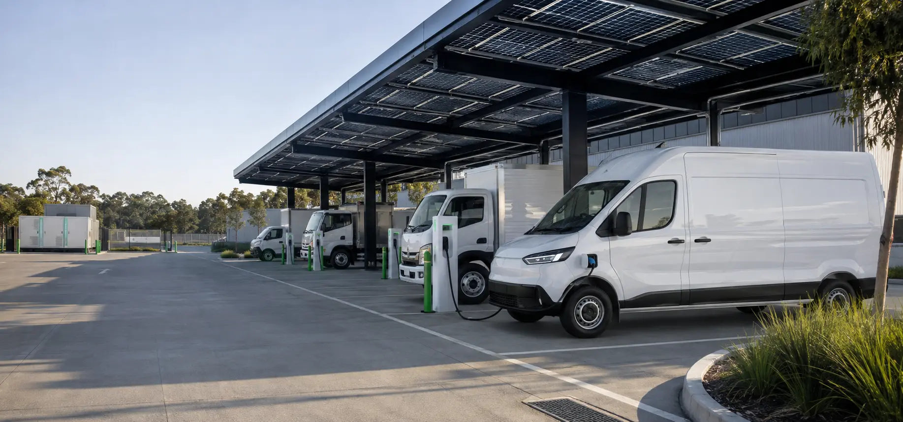 Illustrative Australian electric fleet charging beneath a solar canopy