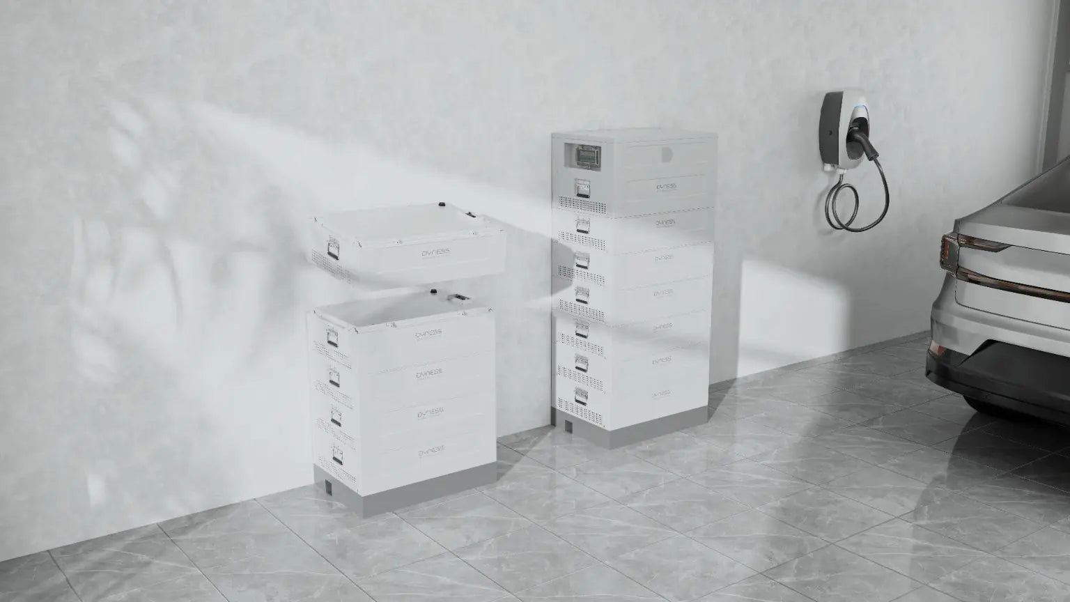 Dyness STACK100 Pro battery storage in a home garage beside an electric vehicle charging cable